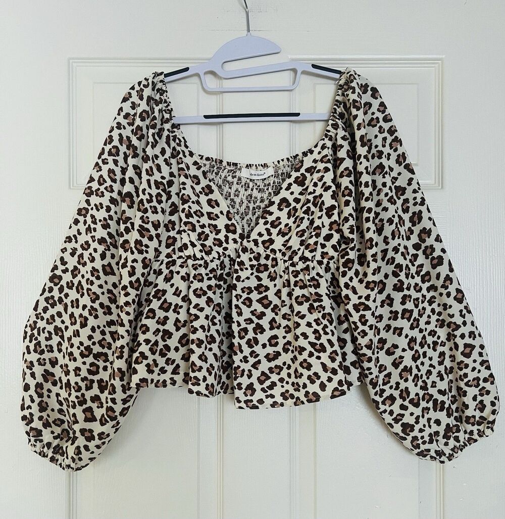 Idem Ditto Leopard Crop Baby Doll Top Blouse Size S Smocked Balloon Sleeve Boho